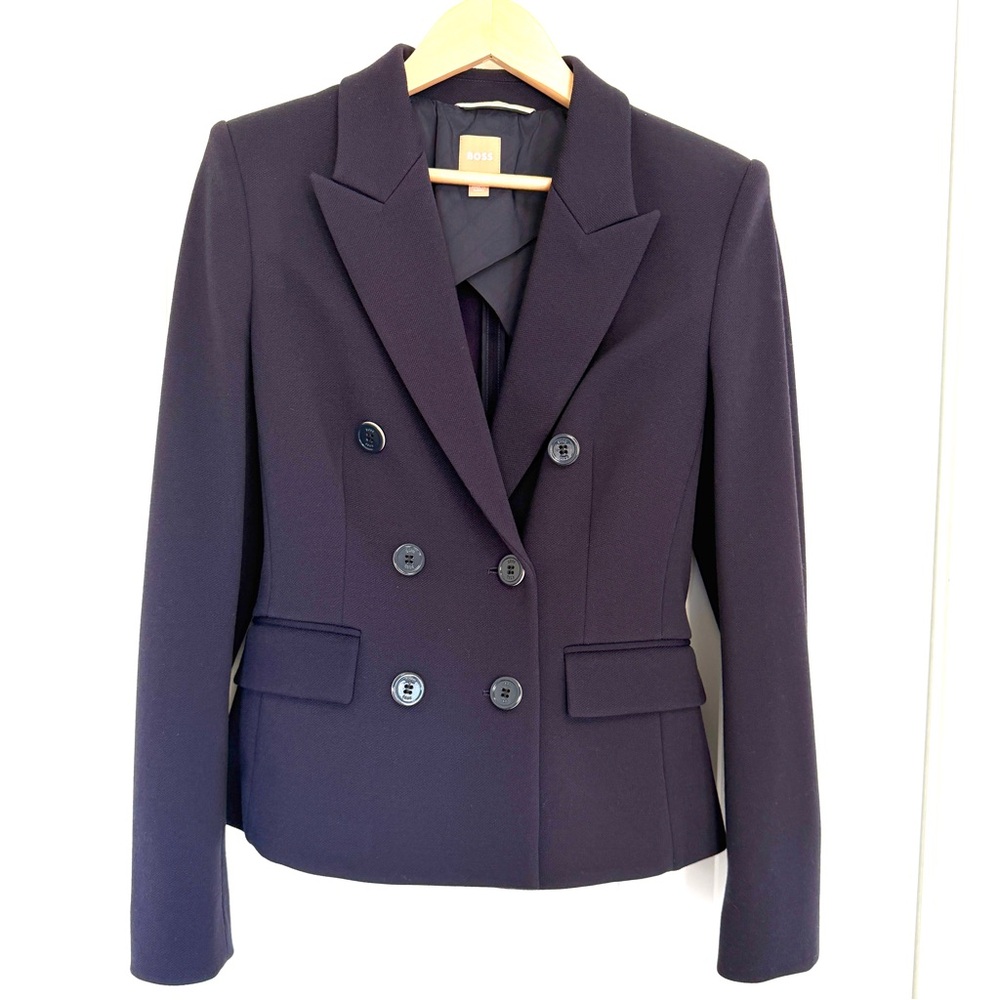 Boss Double-Breasted Fitted Virgin Wool Blend Navy Blazer Size 2